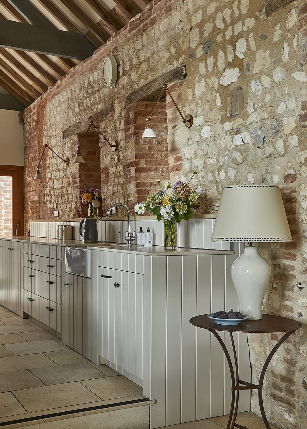 Long Meadow kitchen flint walls Barsham Barns luxury holiday rental North Norfolk